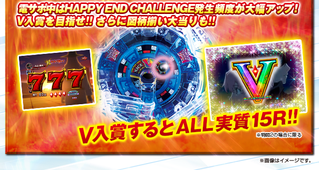 電サポ中はHAPPY END CHALLENGE発生頻度が大幅アップ！V入賞を目指せ!! さらに図柄揃い大当りも!!