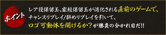 ポイント:レア役保留玉、家紋保留玉が消化される直前のゲームで、チャンスリプレイ/斜めリプレイを引いて、ロゴ可動体を開けるか？が勝負の分かれ目だ!!